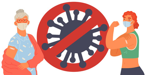 Stop coronavirus agitation concept. Vaccination promo, immunization of workers. Vaccine saves lives. People wearing protective mask showing their arm with bandage after receiving covid-19 vaccine