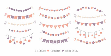 Boho style flag garland party decor set. Colorful hand drawn flag garland, pom pom hanging, festoon decoration. Cute hand drawn cartoon style vector illustration.