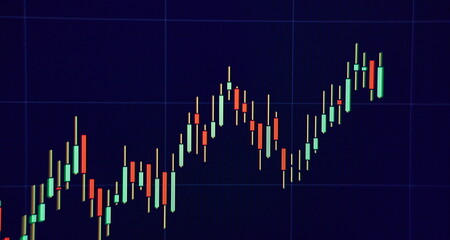 Technical price graph and indicator, red and green candlestick chart on blue theme screen, market...