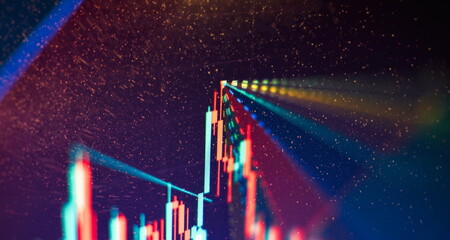 Technical price graph and indicator, red and green candlestick chart on blue theme screen, market...