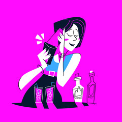 Bartender Woman making Martini cocktail - Cartoon 60s style - vector illustration