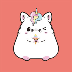Cute Unicorn Eating Vector Icon Illustration. Hamster Mascot Cartoon Character. Animal Icon Concept White Isolated. Flat Cartoon Style Suitable for Web Landing Page, Banner, Flyer, Sticker, Card