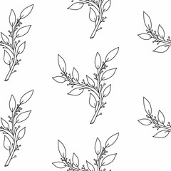 Seamless pattern sprigs of plants graphic line art with leaves and black berries on a white background. Doodle, suitable for wallpaper, textile, packaging.