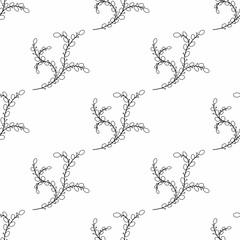 Seamless pattern sprigs of plants graphic line art with leaves black on a white background. Doodle, suitable for wallpaper, textile, packaging.