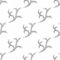 Seamless pattern sprigs of plants graphic line art with leaves black on a white background. Doodle, suitable for wallpaper, textile, packaging.