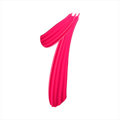 Number 1 of realistic red paint brush strokes. Numbers isolated on a white background.  Number one written smears by dark pink paint. 