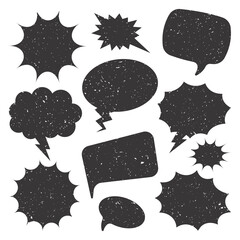 Black grunge comic speech bubbles isolated on white background. Hand drawn retro cartoon stickers. Chatting, message box. Vector illustration - obrazy, fototapety, plakaty