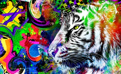 Foto op Plexiglas Bright abstract colorful background with tiger, paint splashes © reznik_val
