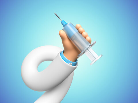 Funny cartoon doctor flexible hand with a syringe, clip art isolated on blue background. Medical metaphor, revealing the concept of vaccination and protection from viruses. 3d render