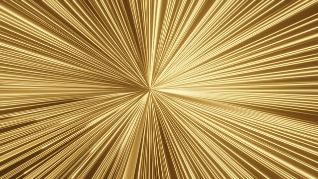 Spherical abstract object made of golden thin bars approaches and forms a static radial golden background. 3d animation