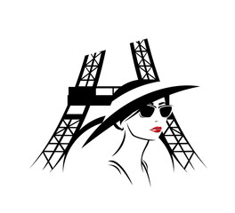 young woman wearing sunglasses and wide brimmed hat by parisian eiffel tower - fashion blogger or tourist in Paris vector design - obrazy, fototapety, plakaty