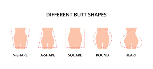 Five different butt shapes vector illustration. Human body. Female figure. Style, fashion and beauty concept