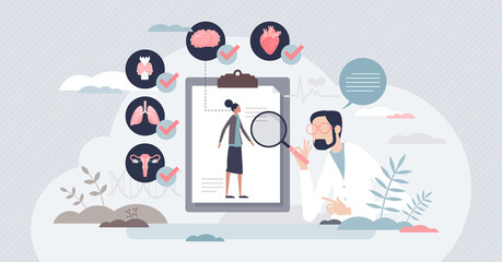 Medical check up and organ health inspection or diagnosis tiny person concept. Medical wellness research with patient examination vector illustration. Responsible body care and disease prevention.