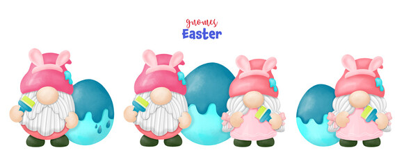 Watercolor happy Gnomes Easter Clipart, rabbit, egg, Digital painting