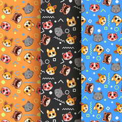 Naklejka premium 3 sets of cute pet head abstract pattern arrangement, creative and modern pattern design background for children's theme products.