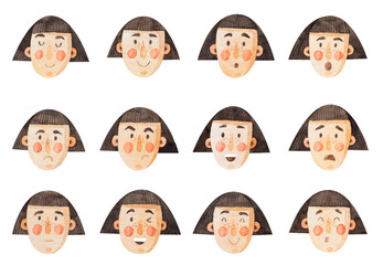 Set of 12 girl's faces with different emotions. Watercolor hand drawn illustration. Set of emoji