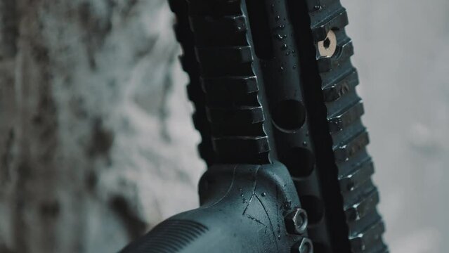 Rail Interface System RIS standard rails on the special automatic rifle - close up. High quality 4k footage