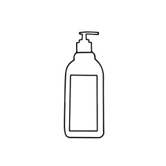 Doodle vector hand drawn icon of liquid soap in plastic tube with dispenser for washing hands and antibacterial skincare. Cleaning, cosmetic. Design element isolated for typography and digital use.