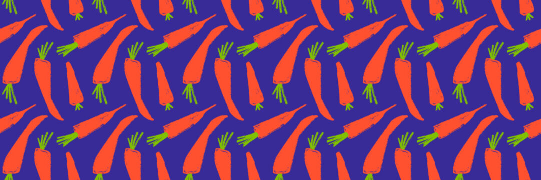 Vector carrot pattern seamless. Textured hand-drawn carrots  background. Vegetarian cooking backdrop. Healthy eating banner. Vegetable drawings for organic food label, juice packaging, vegan cosmetic.