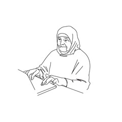 person writing on a notebook Elderly woman with laptop, quick freehand drawing, sketch. sketch .
