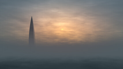 The skyscraper sticks out of the thick fog. Low sun in the background