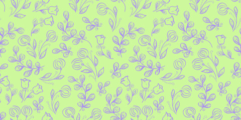 Spring Seamless Pattern. Floral elements in doodle style. Green background. Watercolor tropical violet leaves. Tulip and dandelion Flowers. Wedding Patterns with leaf