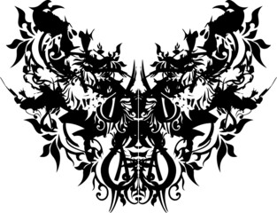 Scary butterfly wings with floral and bird patterns on a white background. Grunge dangerous butterfly wings for fabric, prints, textiles, emblems, wallpaper, fashion, embroidery, posters, cards, etc.