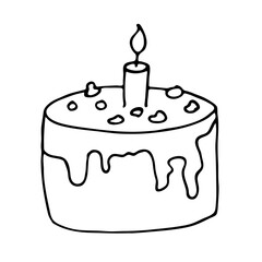 Hand-drawn cake with marshmallows in the doodle style. A simple vector image for coloring books, the Internet, messages, cafe or restaurant menus. A symbol of a holiday, wedding, birthday, New Year.