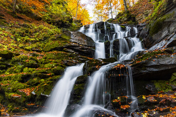 Fototapeta na wymiar Beautiful Waterfall Shipot close-up in the autumn forest