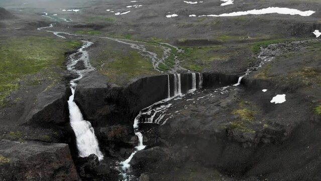 Aerial view of a waterfall on Putorana plateau
