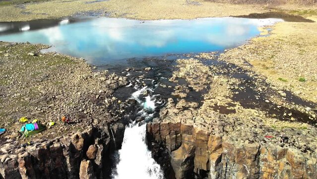 Aerial view of a waterfall on Putorana plateau