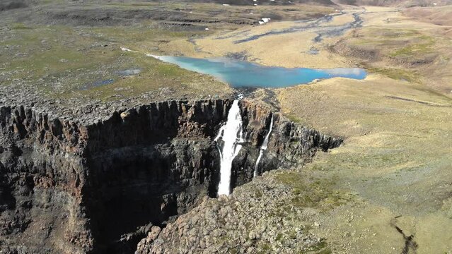 Aerial view of a waterfall on Putorana plateau