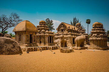 Exclusive Monolithic - Five Rathas or Panch Rathas are UNESCO World Heritage Site located at Great South Indian architecture. World Heritage in South India, Tamil Nadu, Mamallapuram or Mahabalipuram - obrazy, fototapety, plakaty