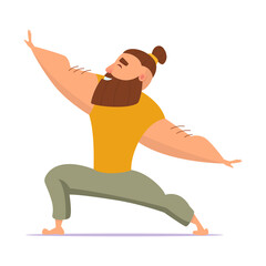 Good-natured man with beard and bump on his head practices yoga in Virabhadrasana pose with arms to sides 