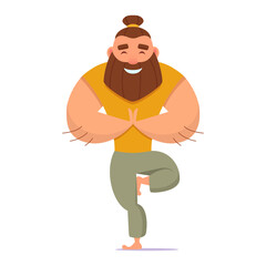 Good-natured man with beard and bump on his head doing yoga in tree pose in comfortable clothes