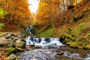 Beautiful Waterfall Shipot close-up in the autumn forest