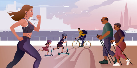 Girl runner. Elderly people practice Nordic walking. Children on roller skates and bicyclist ride along the city embankment. Isolated Vector illustration for mockup or flat design advertising banner.