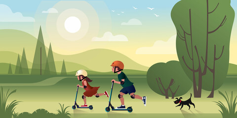 Kids with a small black dog ride scooters outside the city on a summer vacation. Vector illustration for landing page mockup design or advertising banner.