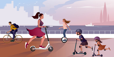 Young people ride scooters and bicycles along the city embankment. Vector illustration. © PayPau