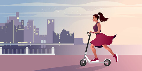 A girl rides a scooter along the city evening embankment. Vector illustration.