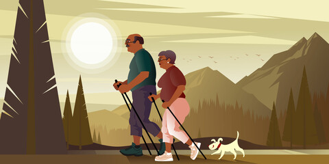 An elderly couple with dog has a Nordic Walking in a summer mountain park. Vector illustration for landing page mockup design or advertising banner.