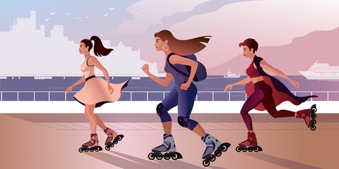 Girls on roller skates ride along the city embankment. Isolated Vector illustration for mockup or flat design advertising banner.
