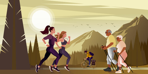 Outdoor Activities with friends in the mountains on a warm summer evening.Vector illustration for landing page mockup design or advertising banner. © PayPau