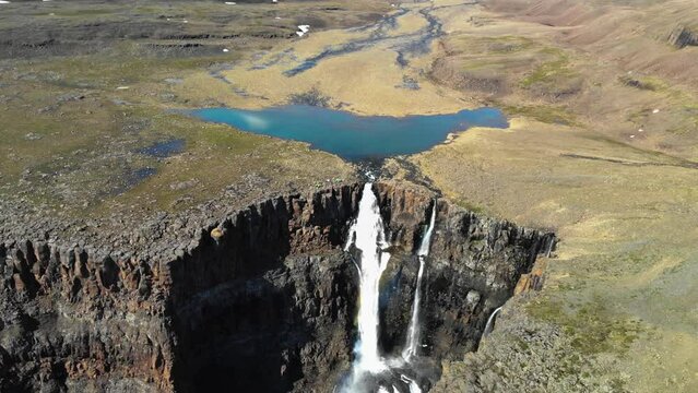 Aerial view of a waterfall on Putorana plateau