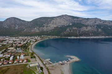 Fototapeta na wymiar Aerial exposure photo of Ören beach with drone in Muğla city of Turkey.
