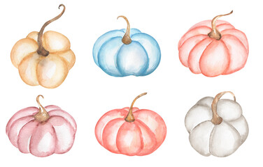 Pumpkin Clipart set. Watercolor delicate color pumpkins illustration, Thanksgiving Pink , blue and white vegetables, Harvest time, Baby Shower Party, Logo