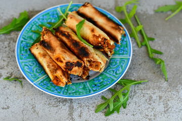 Deep Fried Turkish Cigar Shaped Rolls - Spring roll Sigara Borek.  Fried dough borek   with minced meat