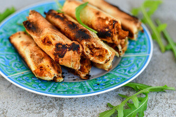 Deep Fried Turkish Cigar Shaped Rolls - Spring roll Sigara Borek.  Fried dough borek   with minced meat