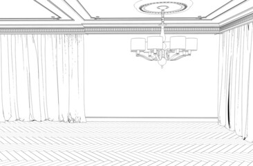 contour visualization of a large empty interior, sketch, outline, cg render