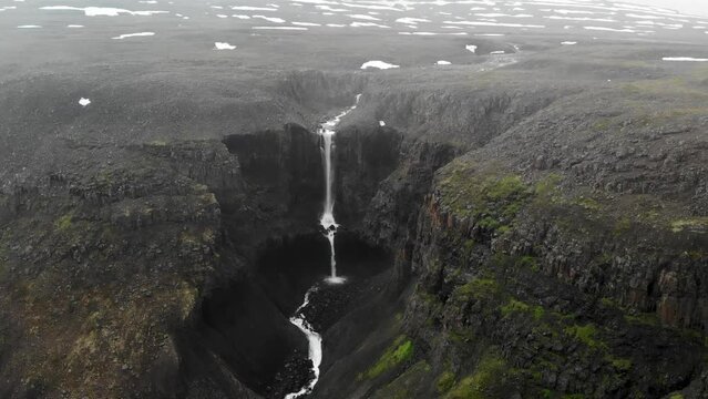 Aerial view of a waterfall on Putorana plateau